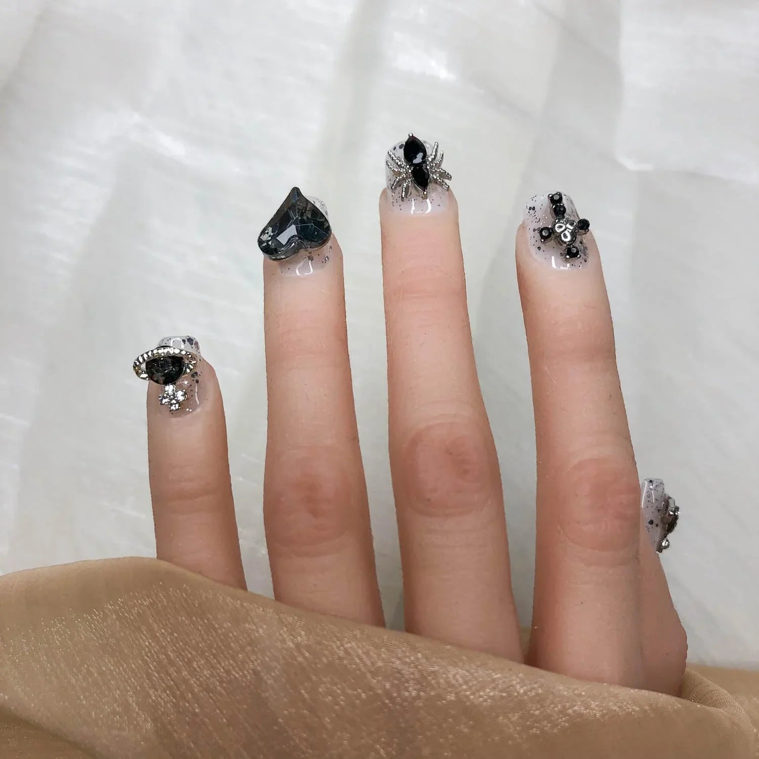 Midnight Stardust Press On Nails with Black Crystal Charms and Cosmic Glitter Sage & Shimmer Beauty