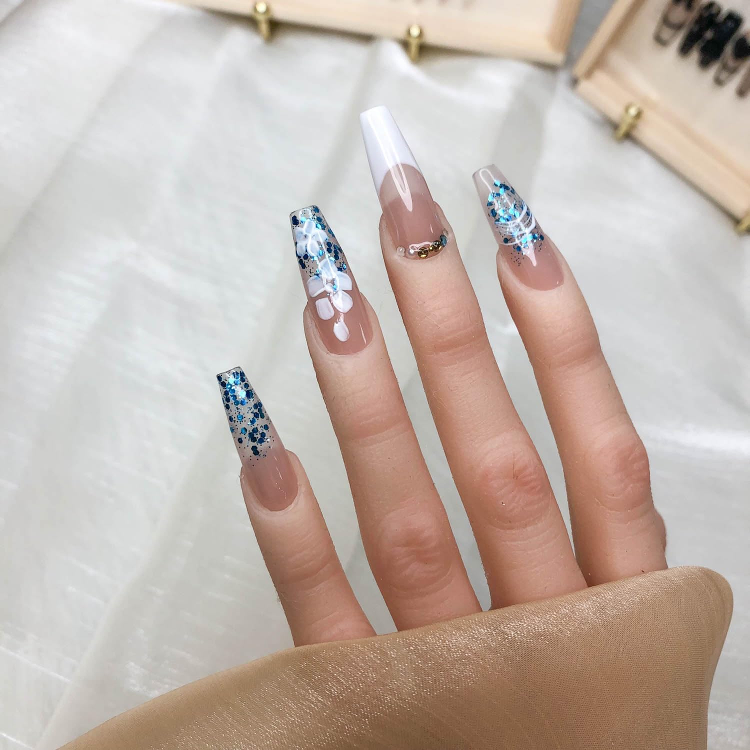 Cool Blue French Long Press On Nails with Gold and Silver Rhinestones Sage & Shimmer Beauty