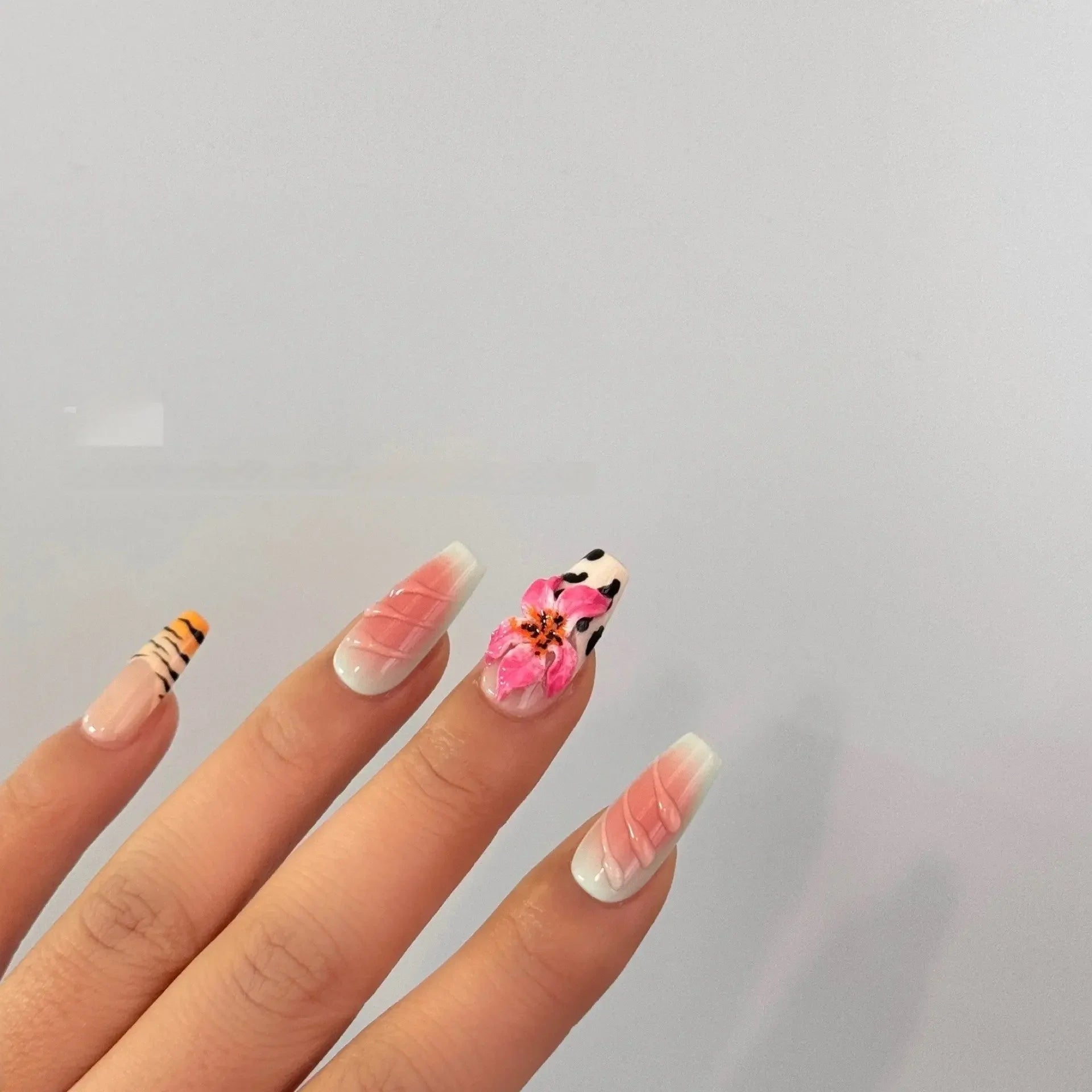 Zebra and Cow Print Ballerina Press On Nails with Flowers Sage & Shimmer Beauty