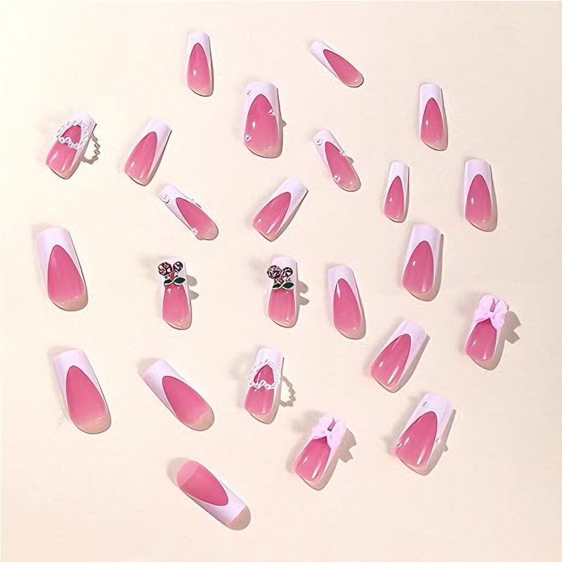 Cherry Bow Pink French Long Square Press On Nails with Pearl Heart Accents