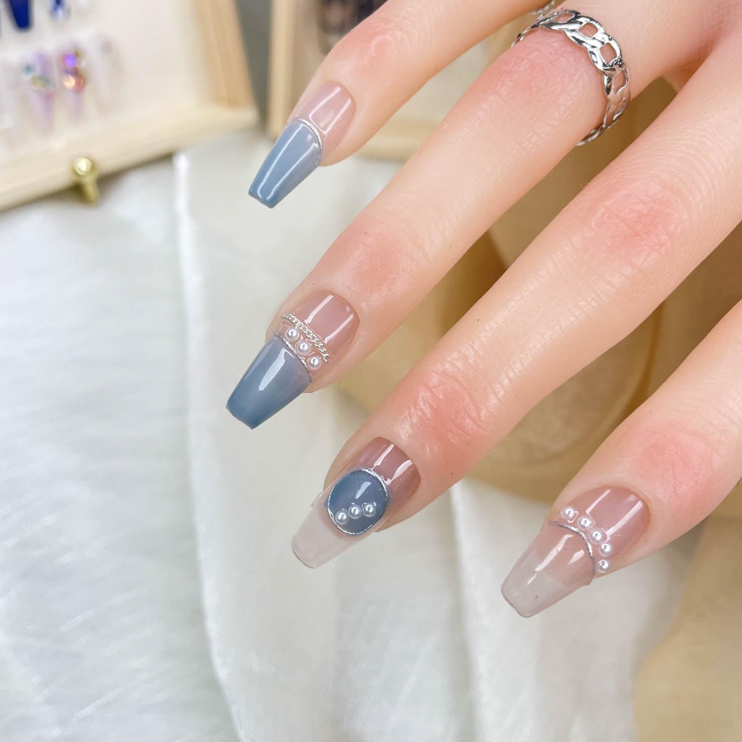Blue French Pearl Accent Ballerina Press On Nails Sage & Shimmer Beauty