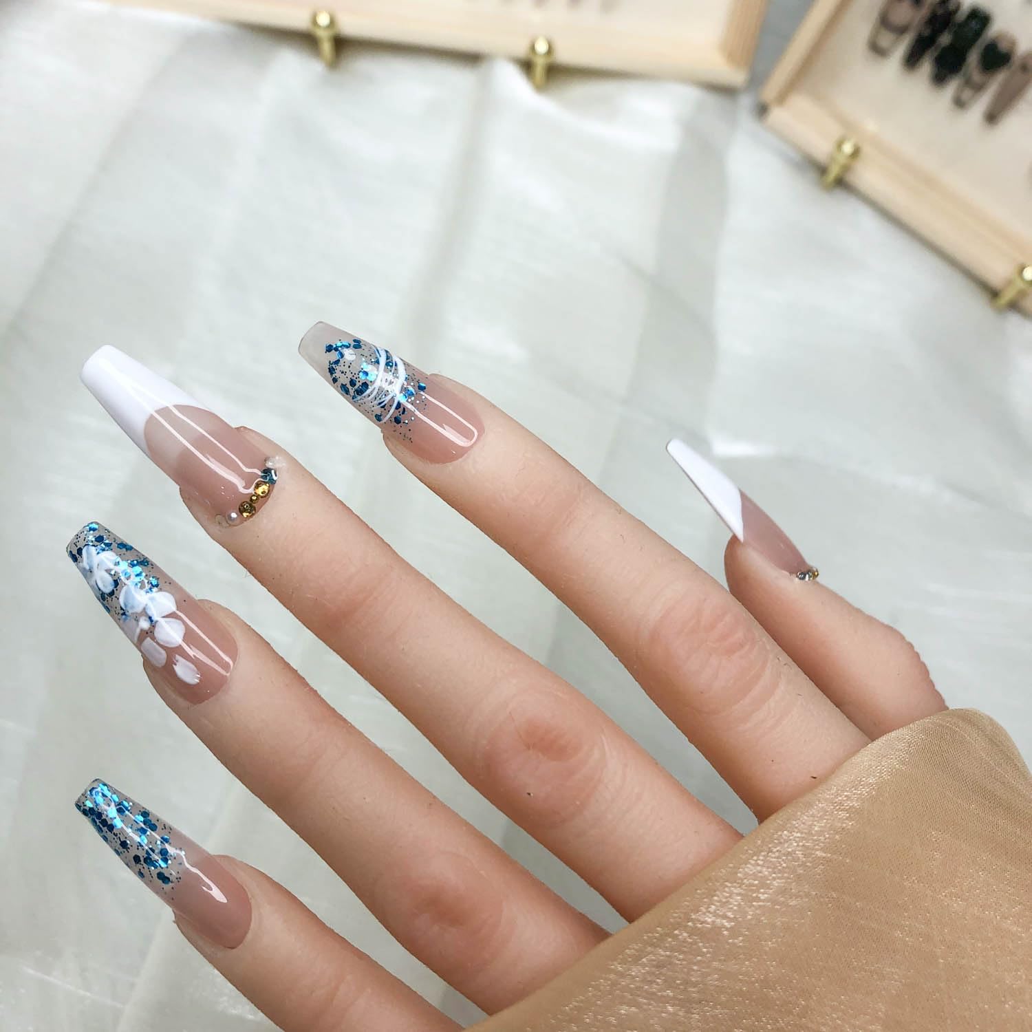 Cool Blue French Long Press On Nails with Gold and Silver Rhinestones Sage & Shimmer Beauty