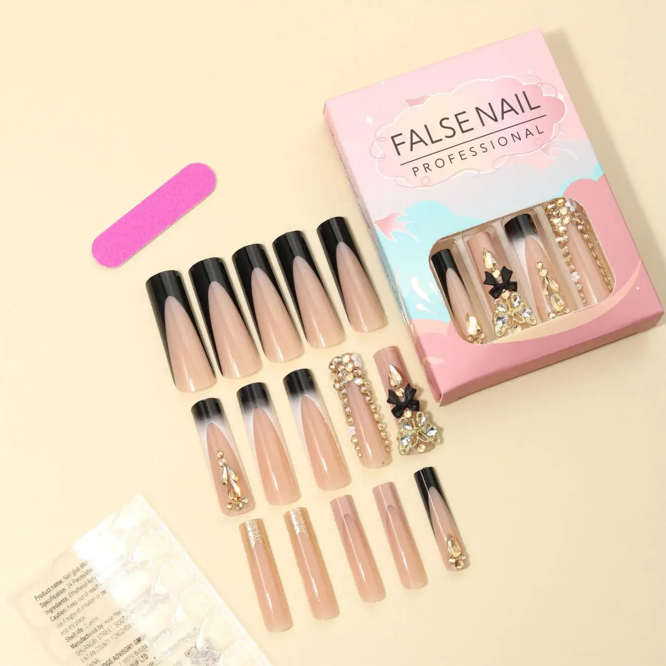 Black French 3D Butterfly Press On Nails Nude Rhinestone Coffin Set Sage & Shimmer Beauty