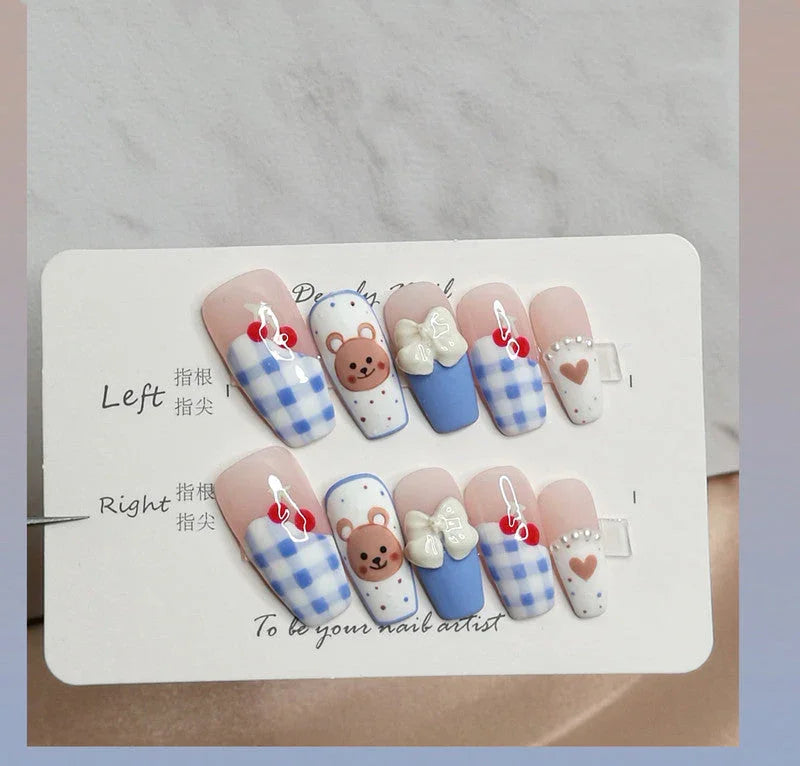 Blue Checkered Cherry Bear Ballerina Press On Nails Sage & Shimmer Beauty