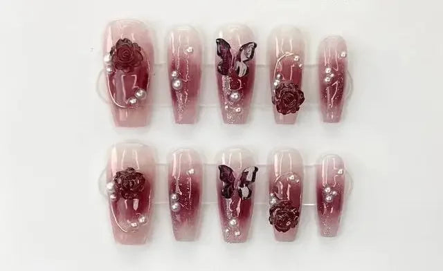 Red Ballerina Shape Press On Nails with Rose and Butterfly Charms Sage & Shimmer Beauty
