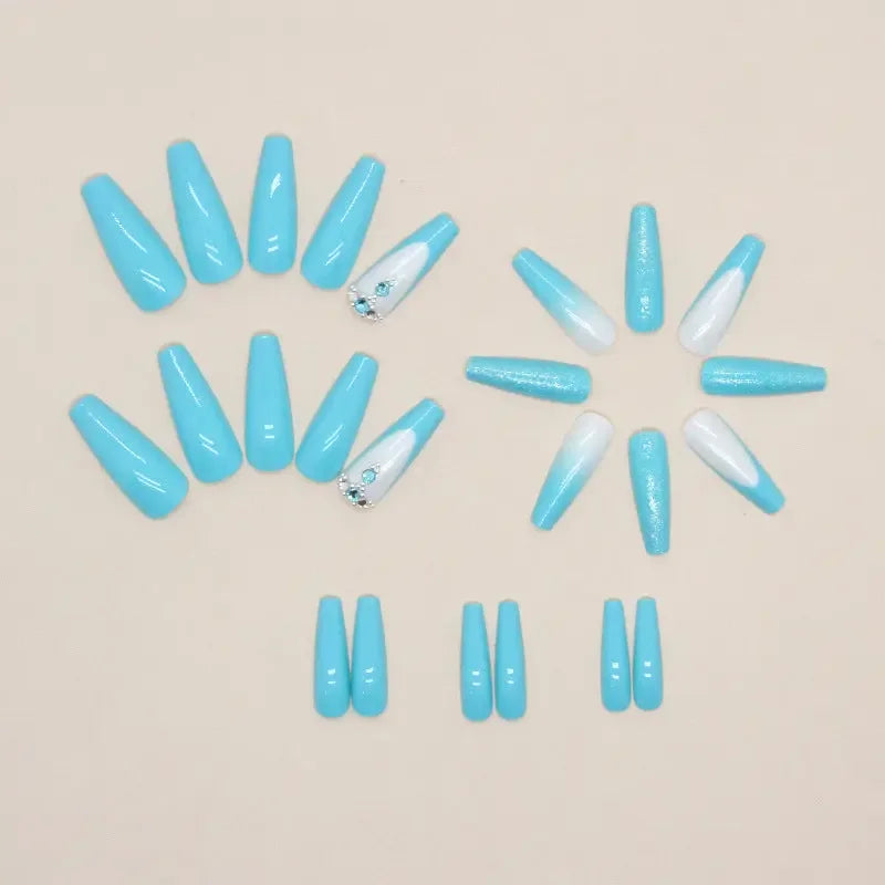 Cool Blue Long Square Press On Nails with Glitter and Diamond Accent Sage & Shimmer Beauty