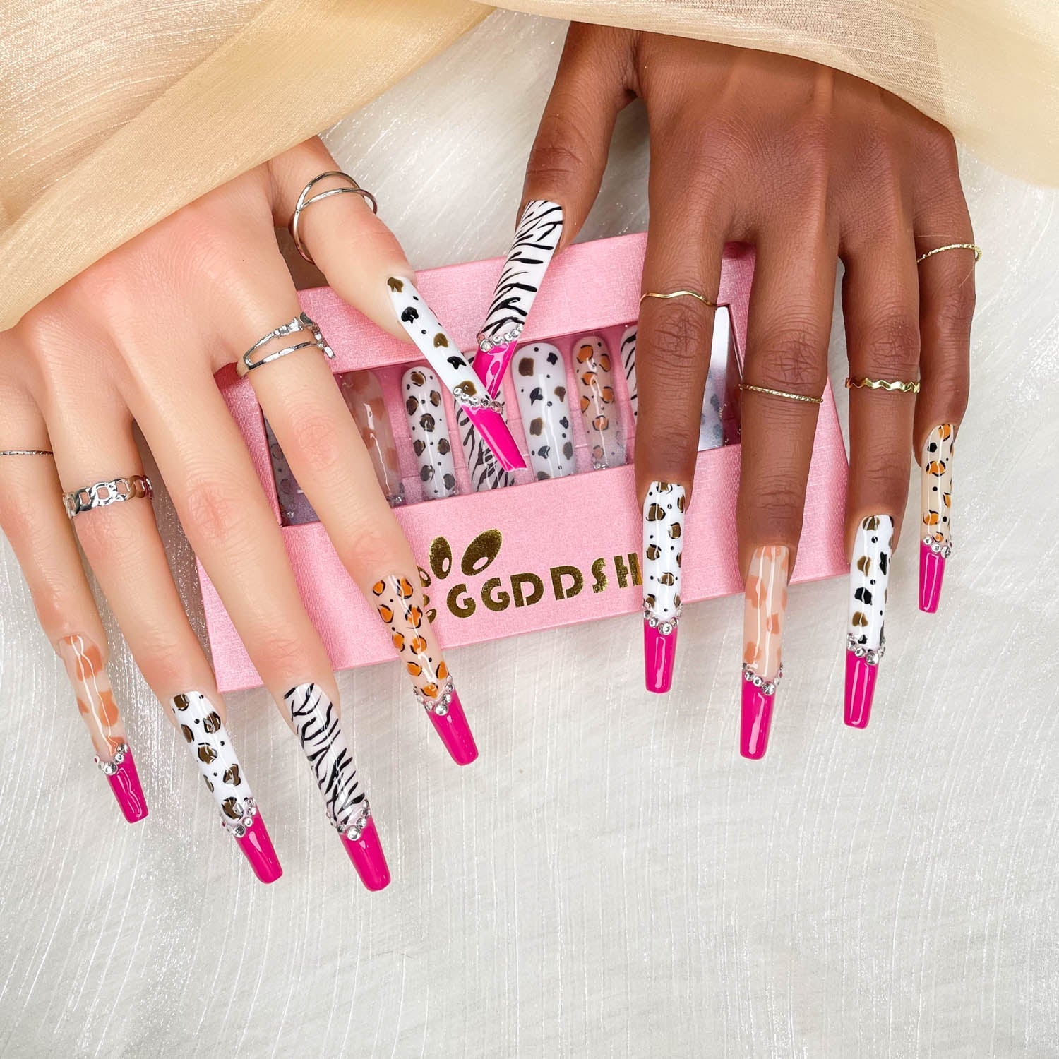 Hot Pink French Zebra Leopard Print Extra Long Stiletto Press On Nails Sage & Shimmer Beauty