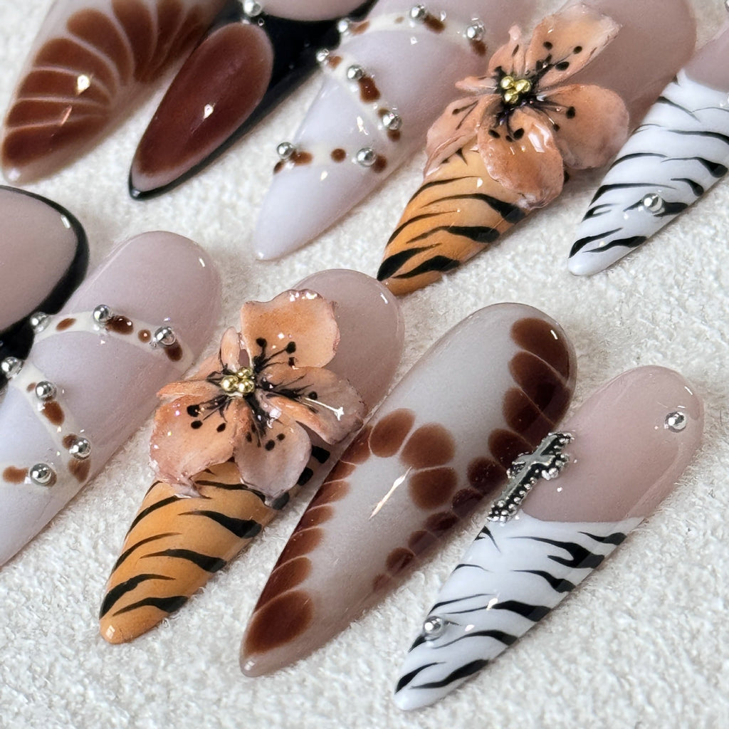 Floral Zebra Tortoise Shell Tiger Print Long Almond Press On Nails Sage & Shimmer Beauty