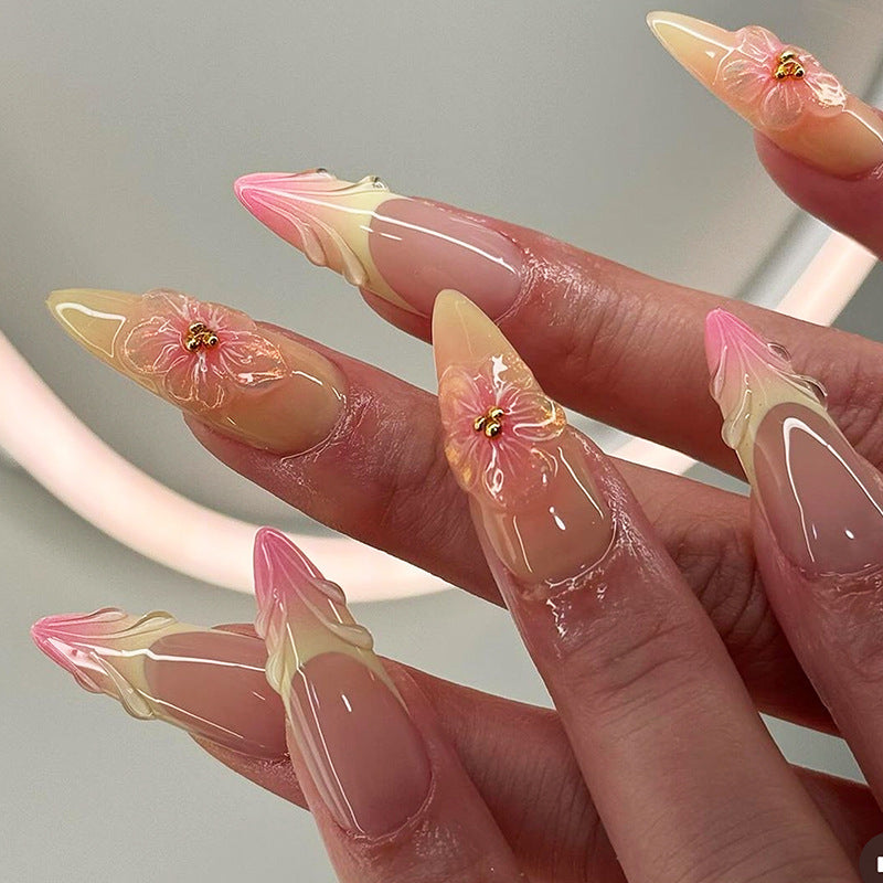 Yellow and Pink Jelly Almond Press On Nails with 3D Floral Accents