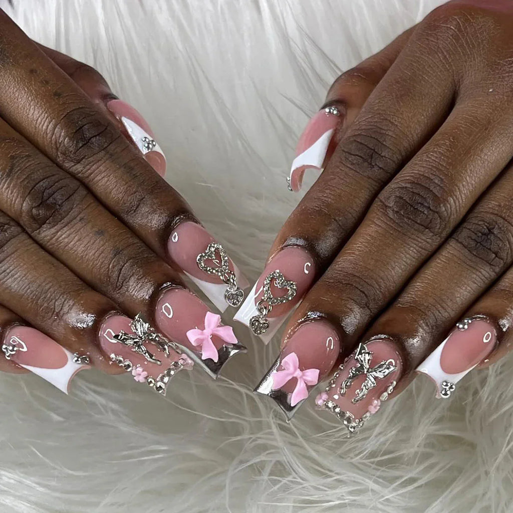 Pink French Short Square Press On Nails with Hearts and Bows Sage & Shimmer Beauty