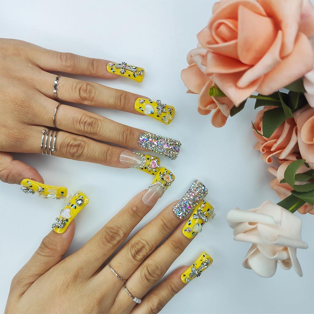 Y2K Yellow Rhinestone Duck Nails Press On Set with Crystal Bling Sage & Shimmer Beauty