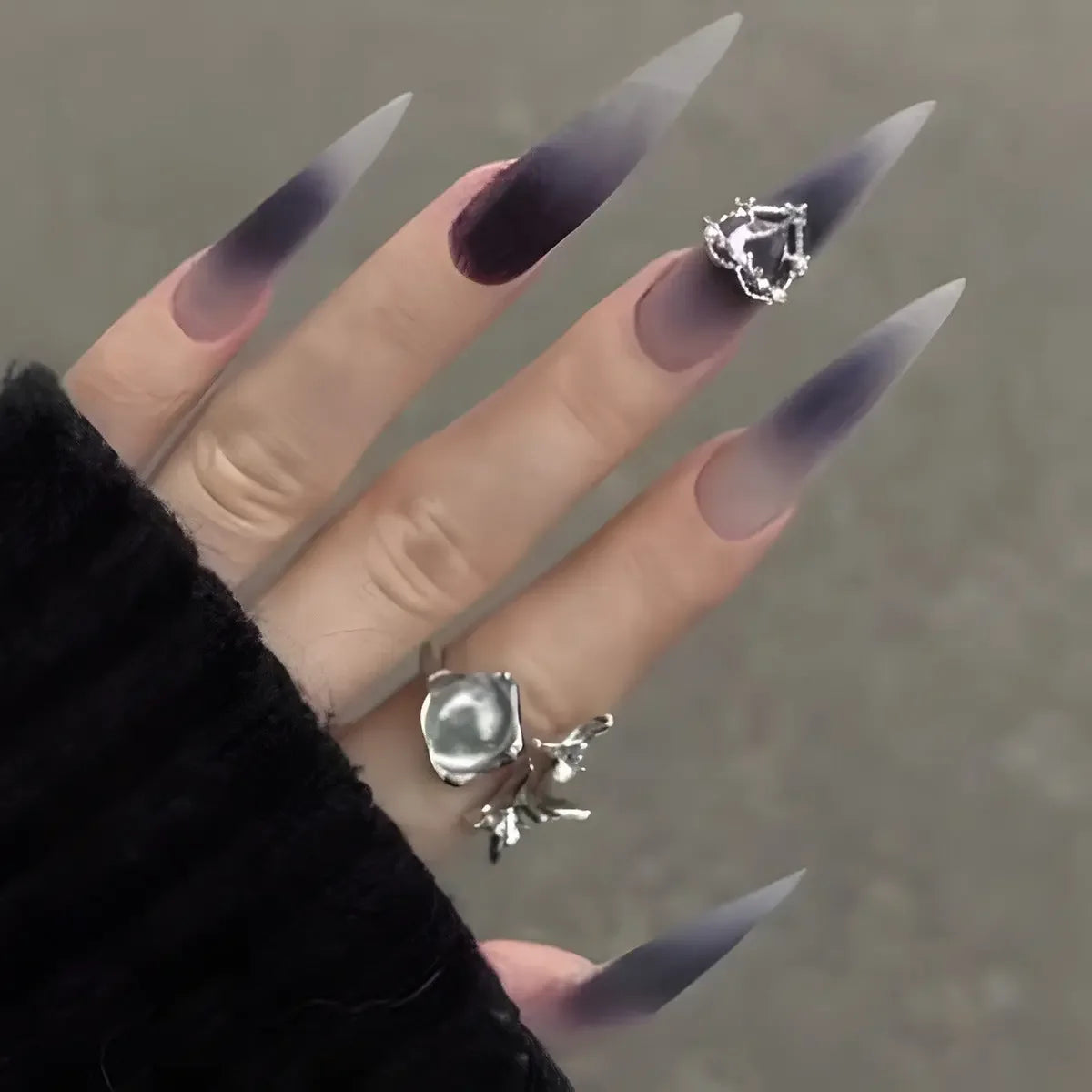 Romantic Vamp Gothic Stiletto Press On Nails Purple Black Gray Gradient Sage & Shimmer Beauty