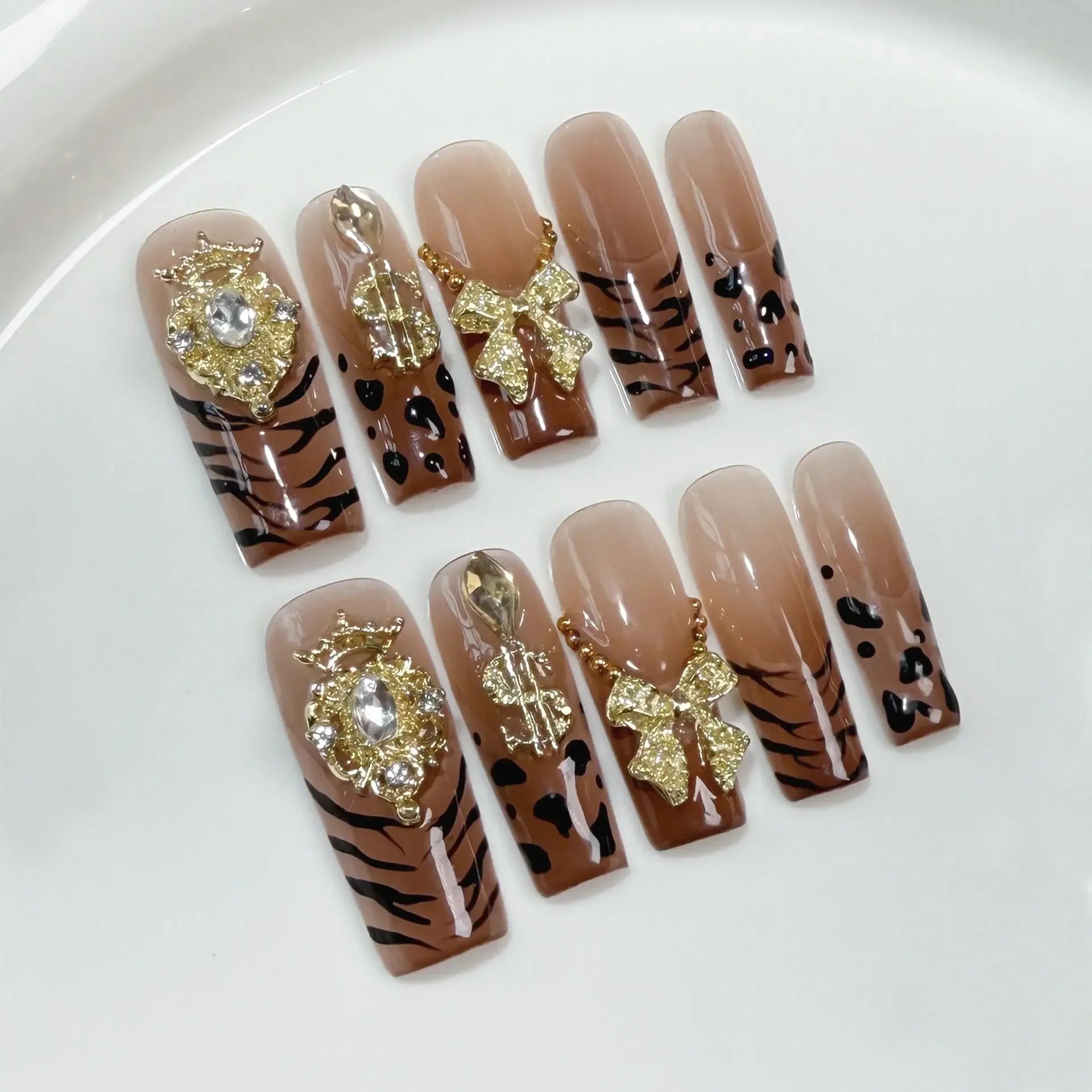 Nude Gradient Animal Print Press On Nails with Gold Gems Bows and Money Sign Sage & Shimmer Beauty