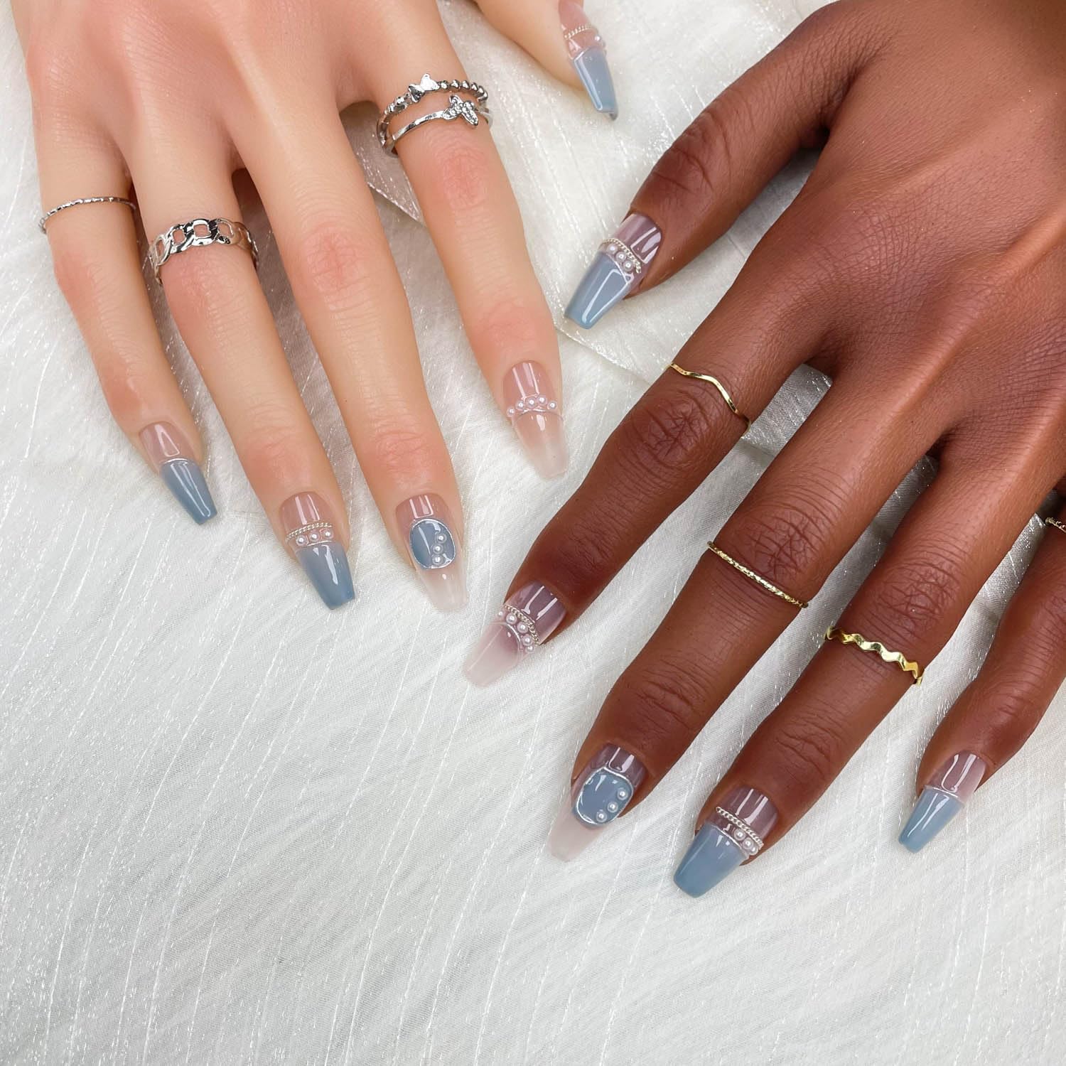 Blue French Pearl Accent Ballerina Press On Nails Sage & Shimmer Beauty