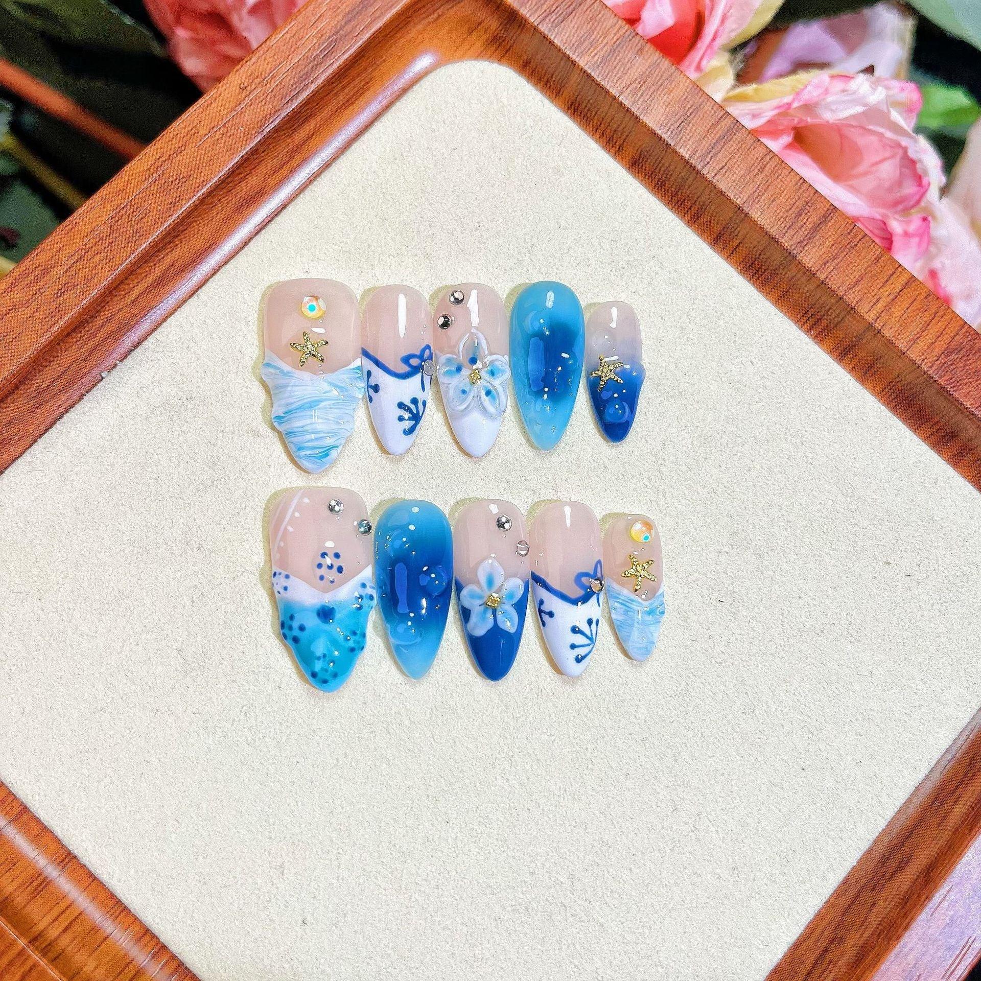 Cool Blue Almond Press On Nails with Floral and Ocean Design Sage & Shimmer Beauty