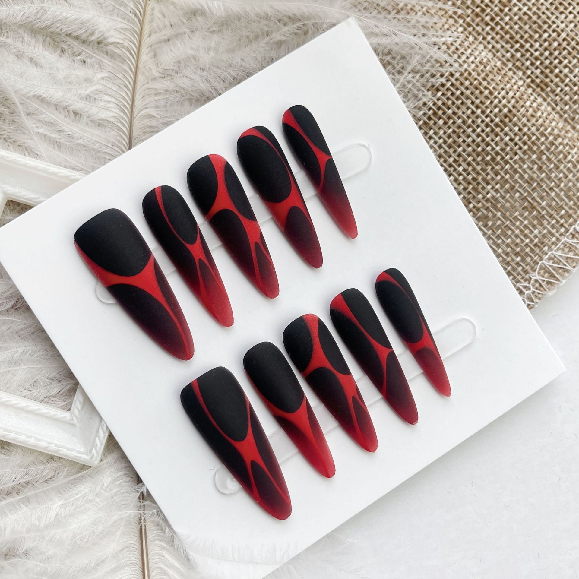Extra Long Red and Black Flame Waves Press On Nails Abstract Gothic Design Glossy or Matte