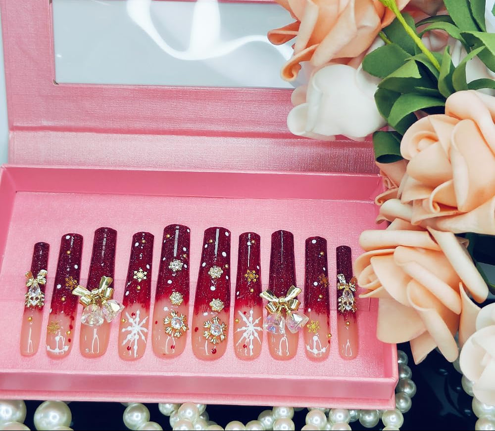 Extra Long Red Snowflake Press On Winter Nails with Rhinestones Sage & Shimmer Beauty