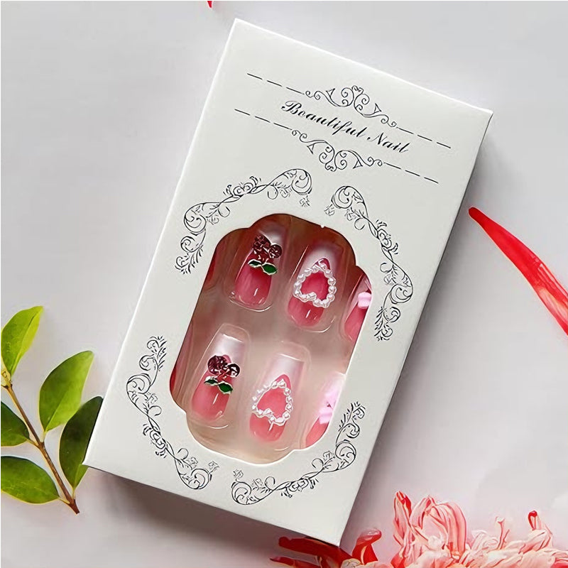 Cherry Bow Pink French Long Square Press On Nails with Pearl Heart Accents