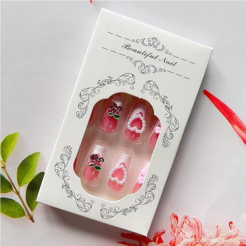 Cherry Bow Pink French Long Square Press On Nails with Pearl Heart Accents