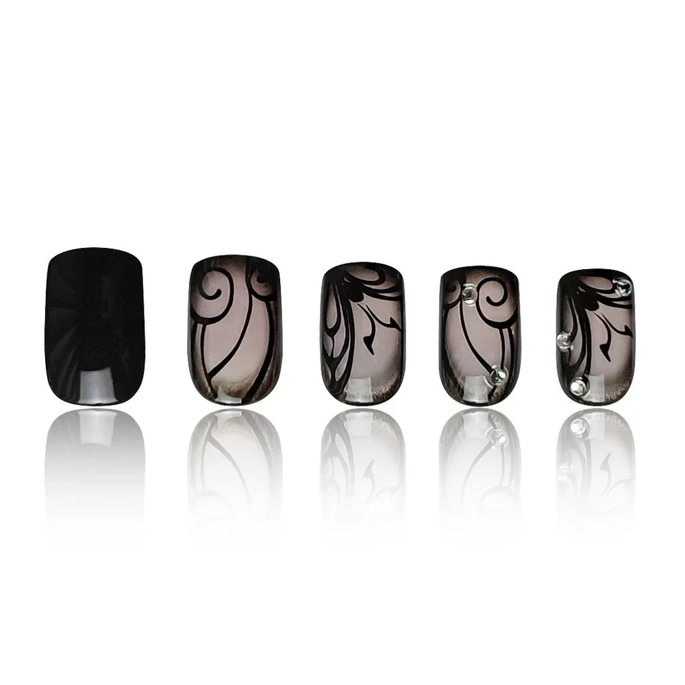 Black Vine Short Square Press On Nails with Crystal Accents Sage & Shimmer Beauty