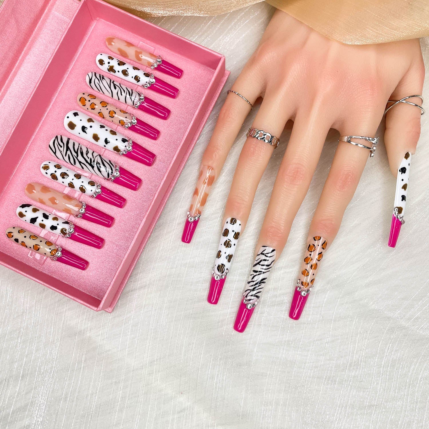 Hot Pink French Zebra Leopard Print Extra Long Stiletto Press On Nails Sage & Shimmer Beauty