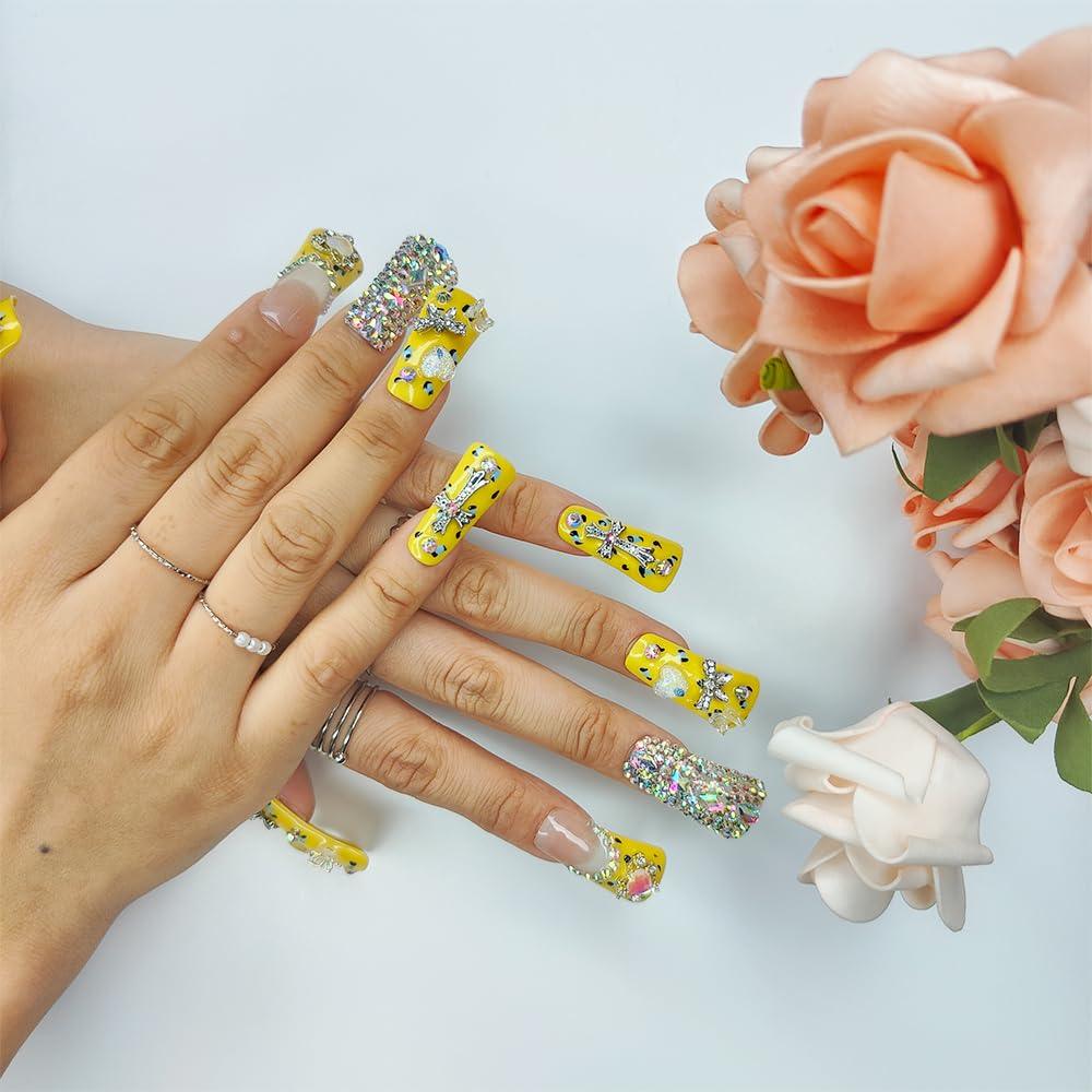 Y2K Yellow Rhinestone Duck Nails Press On Set with Crystal Bling Sage & Shimmer Beauty
