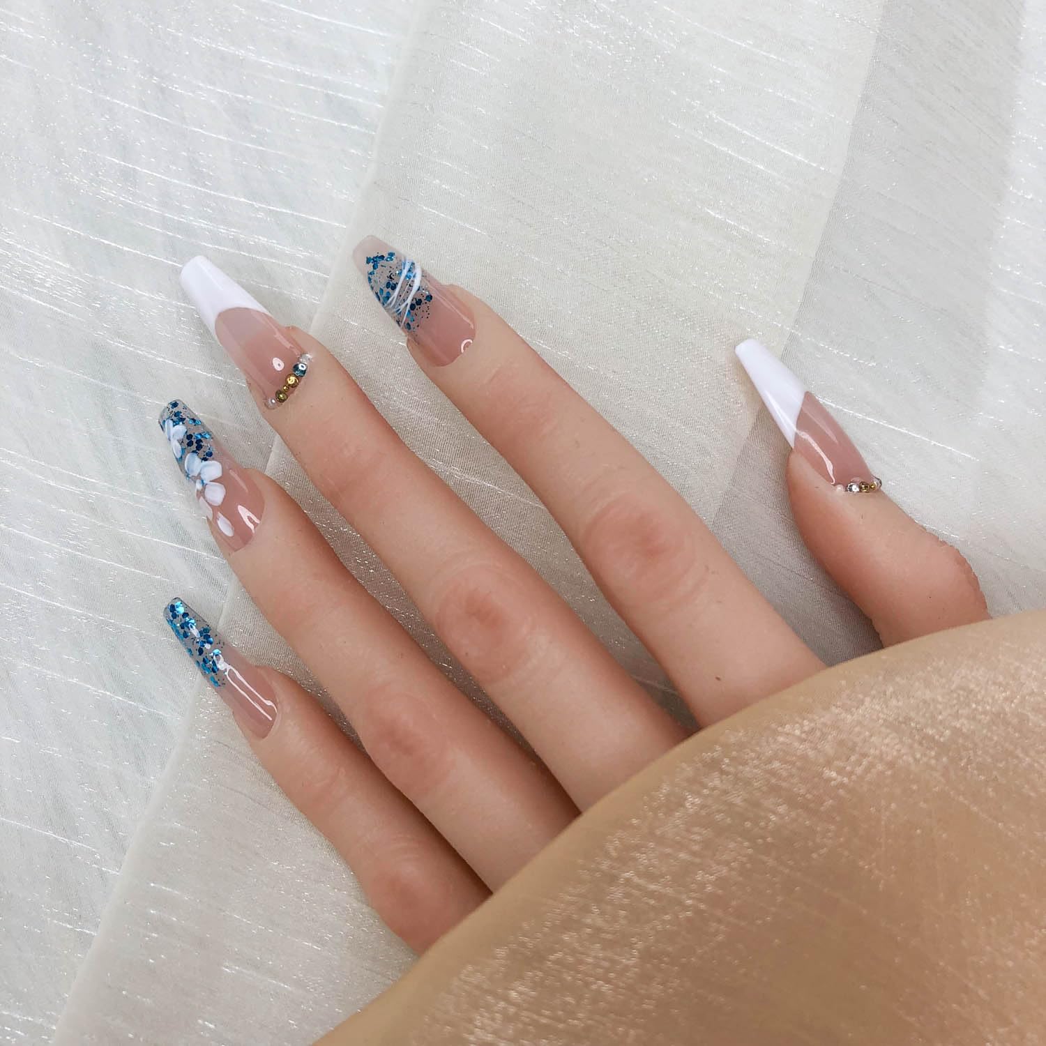 Cool Blue French Long Press On Nails with Gold and Silver Rhinestones Sage & Shimmer Beauty