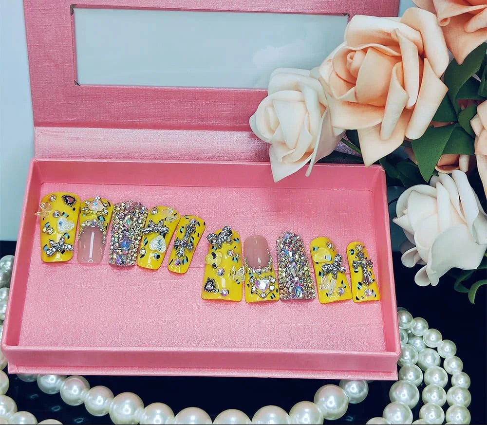 Y2K Yellow Rhinestone Duck Nails Press On Set with Crystal Bling Sage & Shimmer Beauty